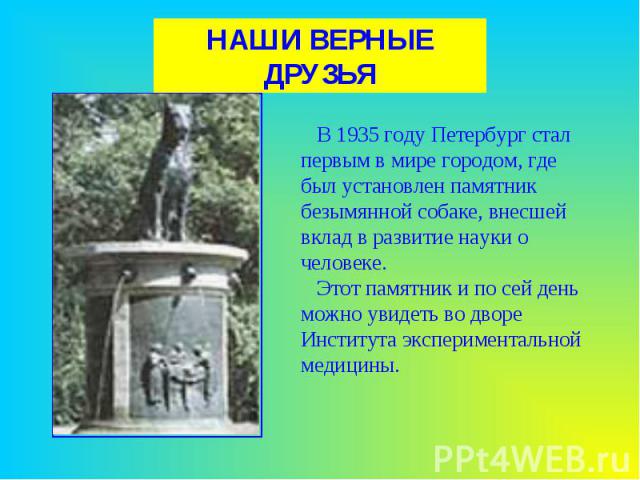 НАШИ ВЕРНЫЕ ДРУЗЬЯ В 1935 году Петербург стал первым в мире городом, где был установлен памятник безымянной собаке, внесшей вклад в развитие науки о человеке. Этот памятник и по сей день можно увидеть во дворе Института экспериментальной медицины.