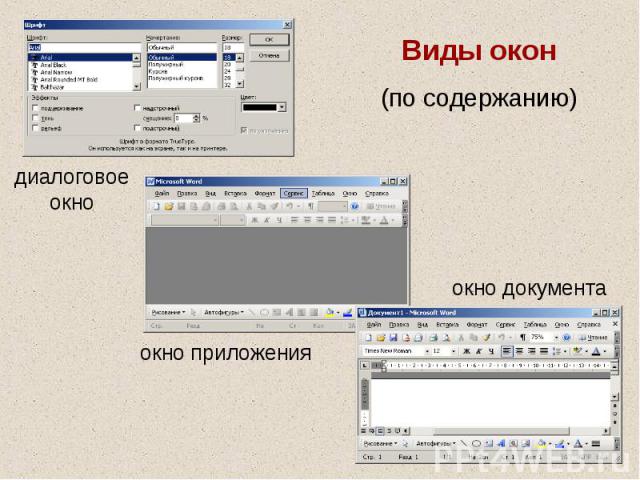 Виды окон(по содержанию)диалоговое окноокно документаокно приложения