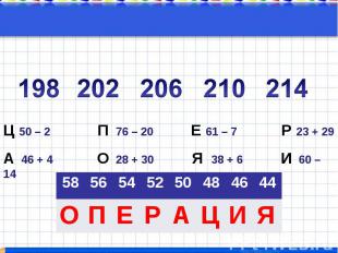 202 206 210Ц 50 – 2 П 76 – 20 Е 61 – 7 Р 23 + 29 А 46 + 4 О 28 + 30 Я 38 + 6 И 6