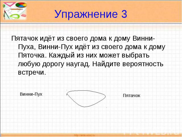 Упражнение 3 Пятачок идёт из своего дома к дому Винни-Пуха, Винни-Пух идёт из своего дома к дому Пяточка. Каждый из них может выбрать любую дорогу наугад. Найдите вероятность встречи.