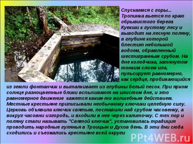 Спускаемся с горы... Тропинка вьется по краю обрывистого берега Куекши к густому лесу и выводит на лесную поляну, в глубине которой блестит небольшой водоем, обрамленный шестигранным срубом. На дне колодчика, затянутом тонким слоем ила, пульсирует р…