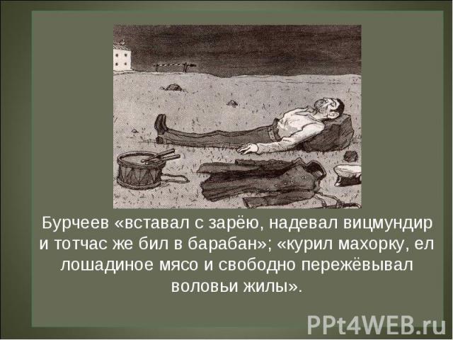 Бурчеев «вставал с зарёю, надевал вицмундир и тотчас же бил в барабан»; «курил махорку, ел лошадиное мясо и свободно пережёвывал воловьи жилы».