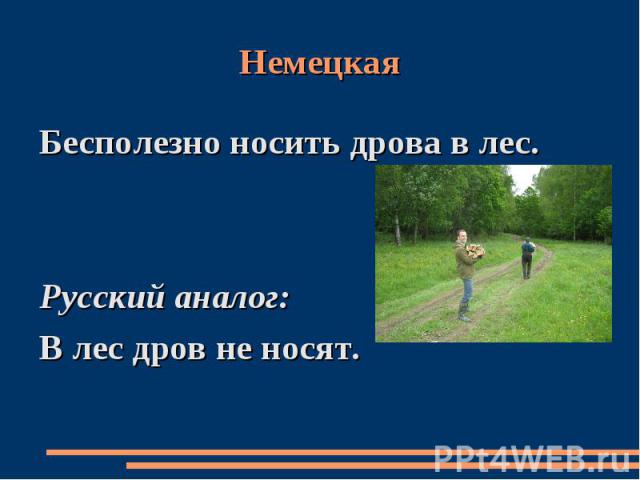 НемецкаяБесполезно носить дрова в лес.Русский аналог:В лес дров не носят.