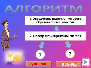 Алгоритм 1. Определить глагол, от которого образовалось причастие2. Определить с