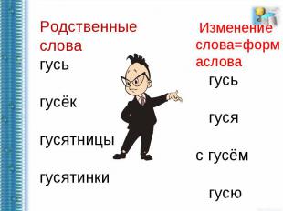 Родственные словагусьгусёкгусятницыгусятинки Изменение слова=формаслова гусь гус