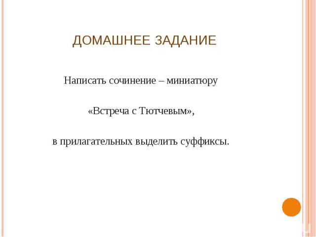 Домашнее задание Написать сочинение – миниатюру«Встреча с Тютчевым»,в прилагательных выделить суффиксы.