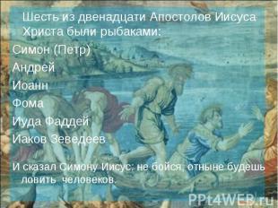 Шесть из двенадцати Апостолов Иисуса Христа были рыбаками:Симон (Петр)АндрейИоан
