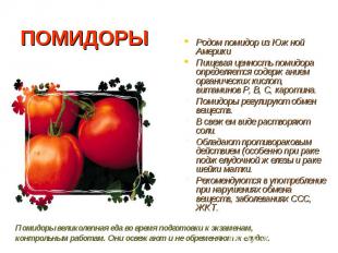 ПОМИДОРЫРодом помидор из Южной АмерикиПищевая ценность помидора определяется сод