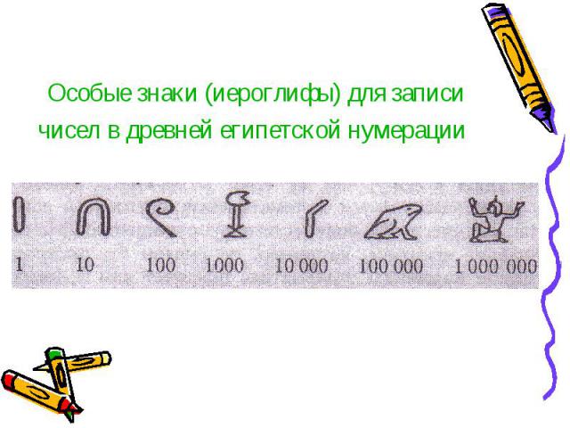 Особые знаки (иероглифы) для записи чисел в древней египетской нумерации