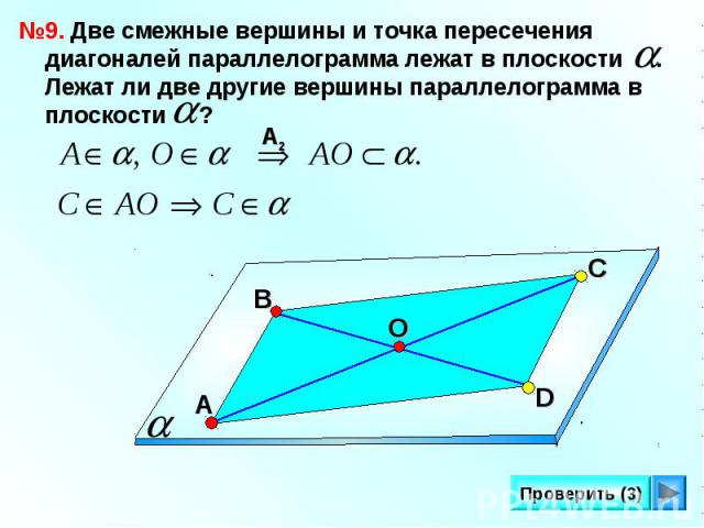 №9. Две смежные вершины и точка пересечения диагоналей параллелограмма лежат в плоскости . Лежат ли две другие вершины параллелограмма в плоскости ?