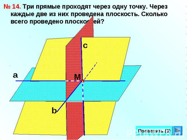 № 14. Три прямые проходят через одну точку. Через каждые две из них проведена плоскость. Сколько всего проведено плоскостей?
