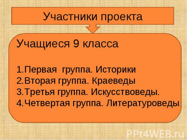 Участники проектаУчащиеся 9 классаПервая группа. ИсторикиВторая группа. КраеведыТретья группа. Искусствоведы.Четвертая группа. Литературоведы.