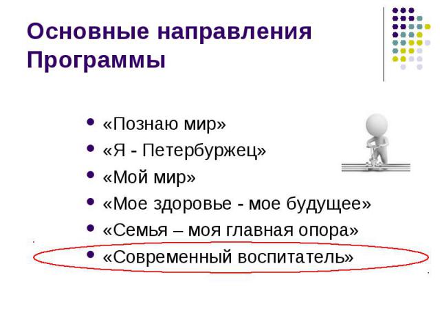 Основные направления Программы «Познаю мир» «Я - Петербуржец» «Мой мир» «Мое здоровье - мое будущее» «Семья – моя главная опора» «Современный воспитатель»