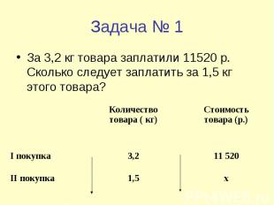 Задача № 1 За 3,2 кг товара заплатили 11520 р. Сколько следует заплатить за 1,5