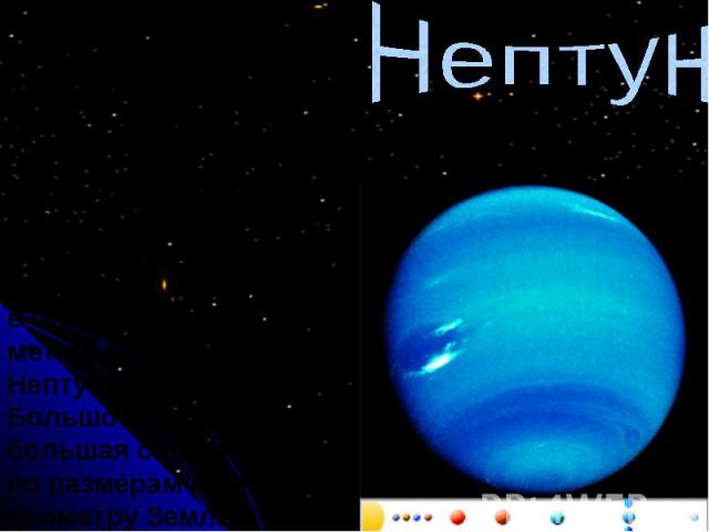 Нептун Нептун назван в честь римского бога морей. Он очень удален от Солнца и часть времени находится от него дальше, чем Плутон. Нептун - планета голубого цвета, поскольку, как и у Урана, в его атмосфере есть метан. Особенностью Нептуна является Бо…