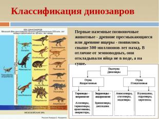 Классификация динозавров Первые наземные позвоночные животные - древние пресмыка