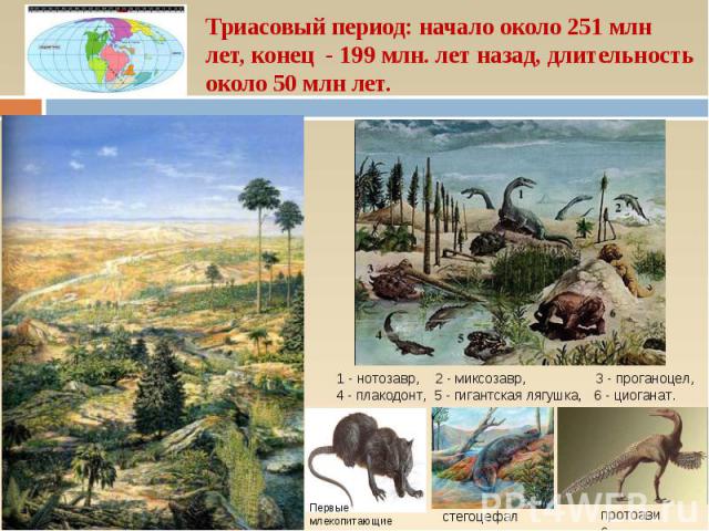 Триасовый период: начало около 251 млн лет, конец - 199 млн. лет назад, длительность около 50 млн лет. 1 - нотозавр, 2 - миксозавр, 3 - проганоцел, 4 - плакодонт, 5 - гигантская лягушка, 6 - циоганат.