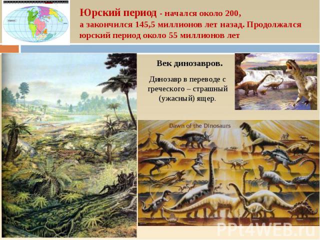 Юрский период - начался около 200, а закончился 145,5 миллионов лет назад. Продолжался юрский период около 55 миллионов лет Век динозавров. Динозавр в переводе с греческого – страшный (ужасный) ящер.