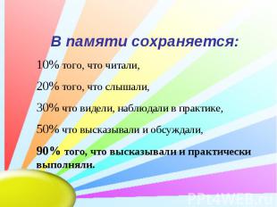 В памяти сохраняется: 10% того, что читали, 20% того, что слышали, 30% что видел