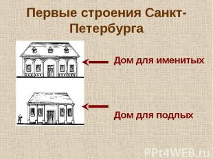 Первые строения Санкт- Петербурга Дом для именитых Дом для подлых