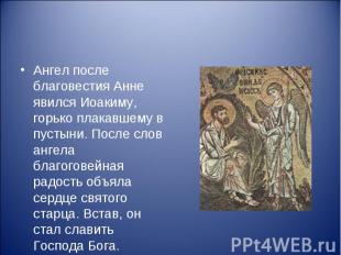 Ангел после благовестия Анне явился Иоакиму, горько плакавшему в пустыни. После