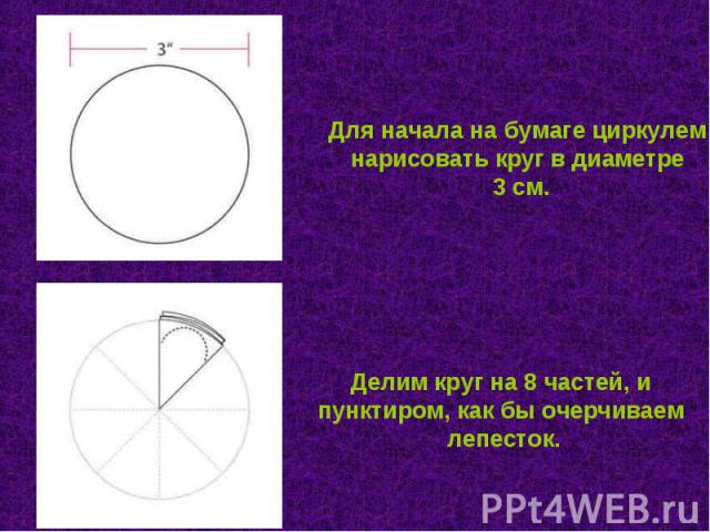 Для начала на бумаге циркулем нарисовать круг в диаметре 3 см. Делим круг на 8 частей, и пунктиром, как бы очерчиваем лепесток.