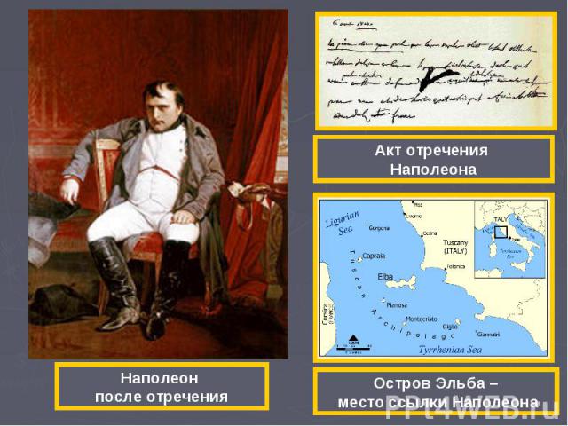 Акт отречения Наполеона Наполеон после отречения Остров Эльба – место ссылки Наполеона