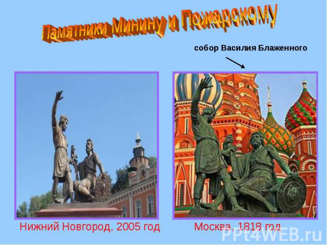 Памятники Минину и Пожарскому собор Василия Блаженного Нижний Новгород, 2005 год Москва, 1818 год