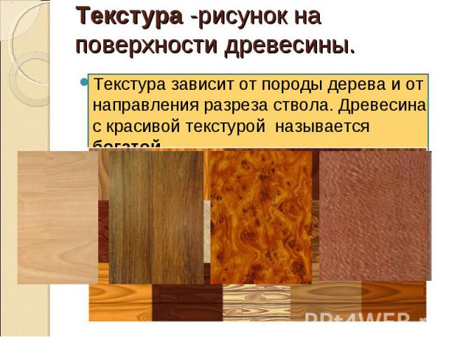 Текстура -рисунок на поверхности древесины.Текстура зависит от породы дерева и от направления разреза ствола. Древесина с красивой текстурой называется богатой