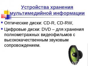 Устройства хранения мультимедийной информацииОптические диски: CD-R, CD-RW, Цифр