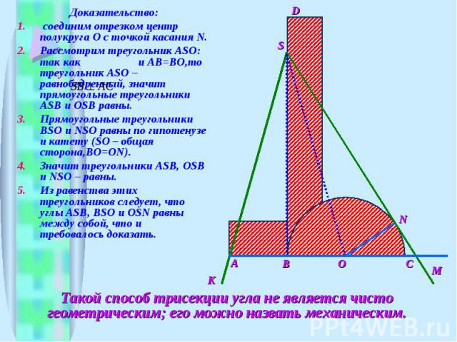 Доказательство: соединим отрезком центр полукруга O с точкой касания N. Рассмотрим треугольник ASO: так как и AB=BO,то треугольник ASO – равнобедренный, значит прямоугольные треугольники ASB и OSB равны. Прямоугольные треугольники BSO и NSO равны по…