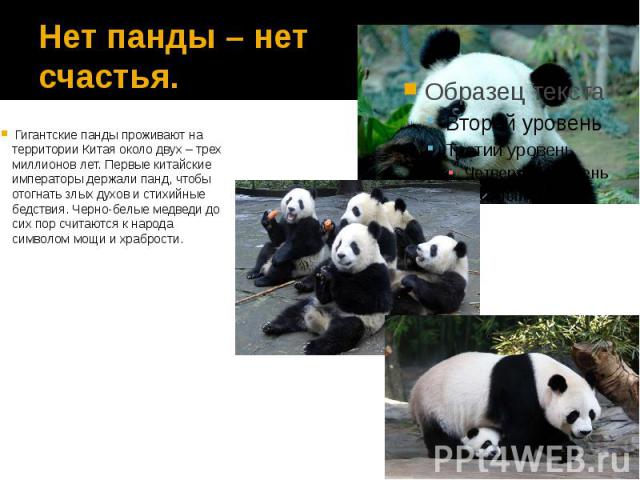 Нет панды – нет счастья.  Гигантские панды проживают на территории Китая около двух – трех миллионов лет. Первые китайские императоры держали панд, чтобы отогнать злых духов и стихийные бедствия. Черно-белые медведи до сих пор считаются к народ…