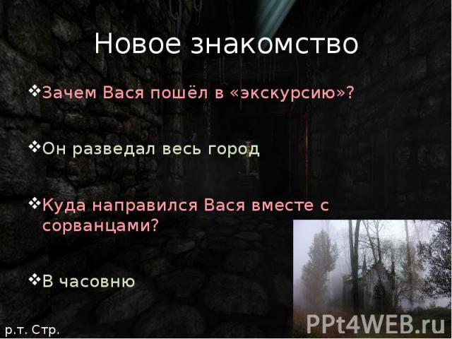 Новое знакомство Зачем Вася пошёл в «экскурсию»? Он разведал весь город Куда направился Вася вместе с сорванцами? В часовню