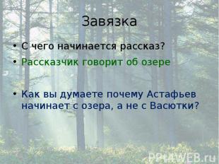 Завязка С чего начинается рассказ? Рассказчик говорит об озере Как вы думаете по