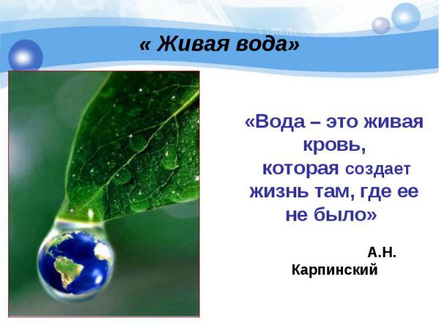 « Живая вода»«Вода – это живая кровь, которая создает жизнь там, где ее не было» А.Н. Карпинский