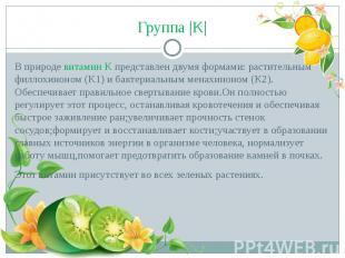 Группа |K| В природе витамин K представлен двумя формами: растительным филлохино