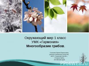 Окружающий мир 1 класс УМК «Гармония» Многообразие грибов. Хохлова Ирина Борисов