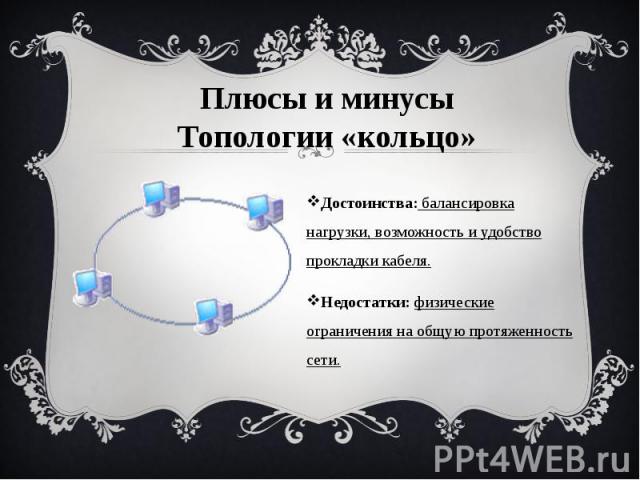 Достоинства: балансировка нагрузки, возможность и удобство прокладки кабеля. Достоинства: балансировка нагрузки, возможность и удобство прокладки кабеля. Недостатки: физические ограничения на общую протяженность сети.