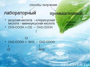 лабораторный уксусная кислота →хлоруксусная кислота→аминоуксусная кислота СН3-СО