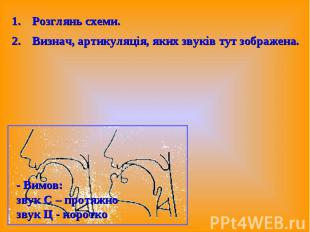 Розглянь схеми. Розглянь схеми. Визнач, артикуляція, яких звуків тут зображена.