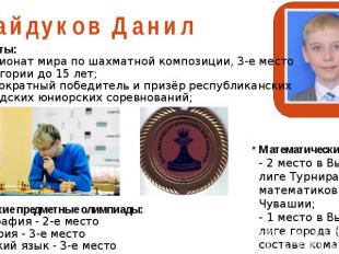 Гайдуков Данил Шахматы: - чемпионат мира по шахматной композиции, 3-е место в ка