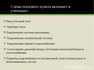 Схема теплового пункта включает и учитывает Ввод тепловой сети Приборы учета Под