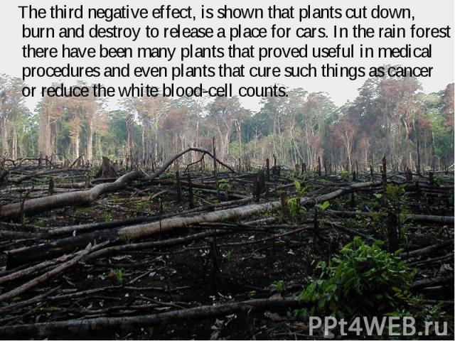 The third negative effect, is shown that plants cut down, burn and destroy to release a place for cars. In the rain forest there have been many plants that proved useful in medical procedures and even plants that cure such things as cancer or reduce…