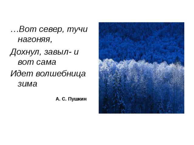 …Вот север, тучи нагоняя,Дохнул, завыл- и вот самаИдет волшебница зима А. С. Пушкин