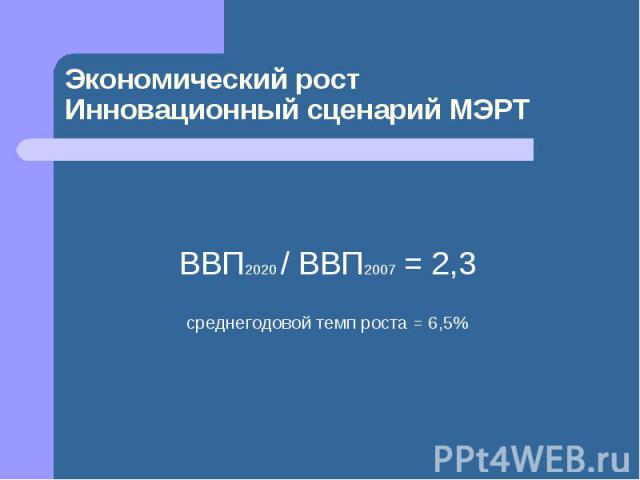 Экономический ростИнновационный сценарий МЭРТ ВВП2020 / ВВП2007 = 2,3среднегодовой темп роста = 6,5%