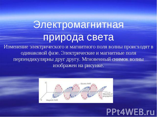 Электромагнитная природа светаИзменение электрического и магнитного поля волны происходят в одинаковой фазе. Электрические и магнитные поля перпендикулярны друг другу. Мгновенный снимок волны изображен на рисунке.                                    …
