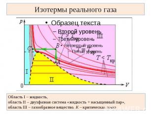 Изотермы реального газа Область I – жидкость, область II – двухфазная система «ж