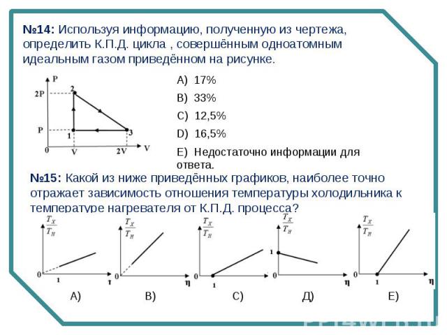 №14: Используя информацию, полученную из чертежа, определить К.П.Д. цикла , совершённым одноатомным идеальным газом приведённом на рисунке.№15: Какой из ниже приведённых графиков, наиболее точно отражает зависимость отношения температуры холодильник…