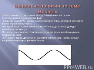Основные понятия по теме «Волны». Длина волны (λ) – расстояние между ближайшими