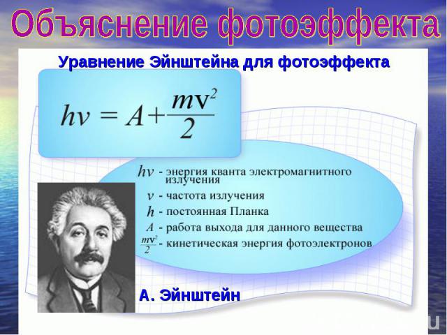 Объяснение фотоэффекта Уравнение Эйнштейна для фотоэффекта А. Эйнштейн